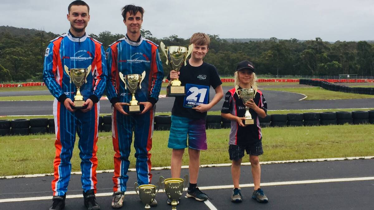 Left to right: Matthew Parker, Blake Motbey, Aidan Williams, and Oscar Haddon at Newcastle Kart Racing Club for the Premier State Cup. Photo: supplied
