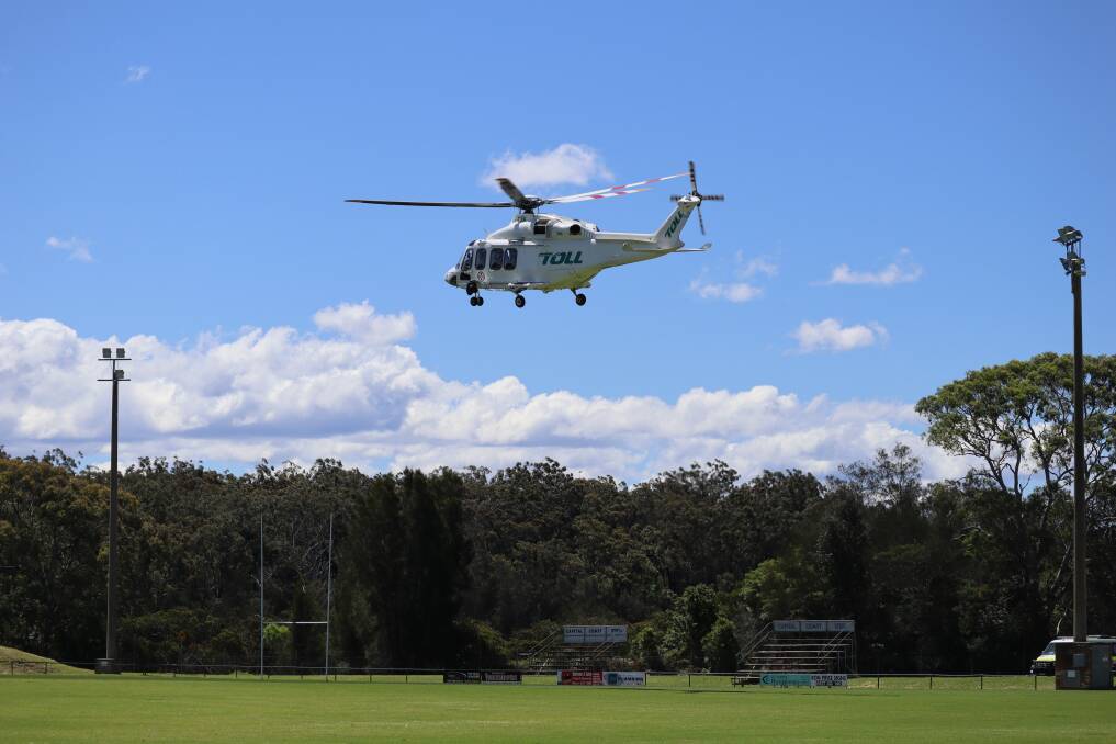 The Toll Air Ambulance took off from Batemans Bay this afternoon, retrieving a man in his 60s after a cycling accident. Picture by Jorja McDonnell.