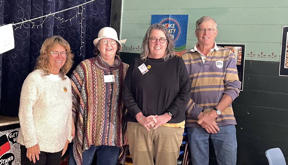 Gulaga Reconciliation Group supporter Kathie Thackray with Gulaga Reconciliation Group members Cathie Muller, Cath Renwick and Ian Reed. The group held a Voice Cafe in Central Tilba on Saturday, October 7. Picture by Marion Williams