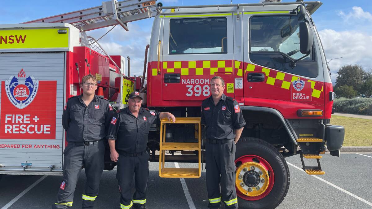 Members of Fire and Rescue NSW in Narooma: on-call fire fighter Michael Smith, deputy captain Jason Hextall and deputy captain Troy Gruene. Picture by Marion Williams