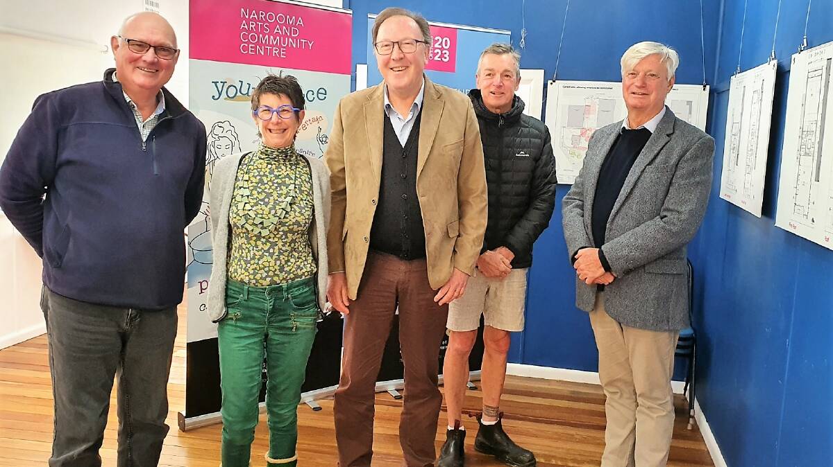 Member for Bega Dr Michael Holland was briefed on the Narooma Arts and Community Centre project in August 2022 when the project had just gone to tender. Among those at that briefing were Narooma School of Arts vice president Bob Aston, committee member Petti McInnes, left, Dr Michael Holland, and project subcommittee members Russell Burke and Rob Hawkins. Picture supplied.