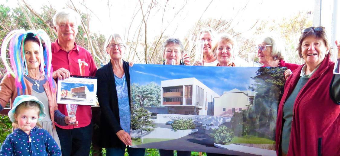 Celebrating news of the $7.27 million grant from the Bushfire Local Economic Recovery Fund in July 2021: Narooma School of Arts president Jenni Bourke, Rob Hawkins, Joy Macfarlane, Anne McCusker, Jenny Hain, Suzanne Dainer, Ingeborg Baker and Laurelle Pacey, Charley Bourke. Photo: Noi Snith.