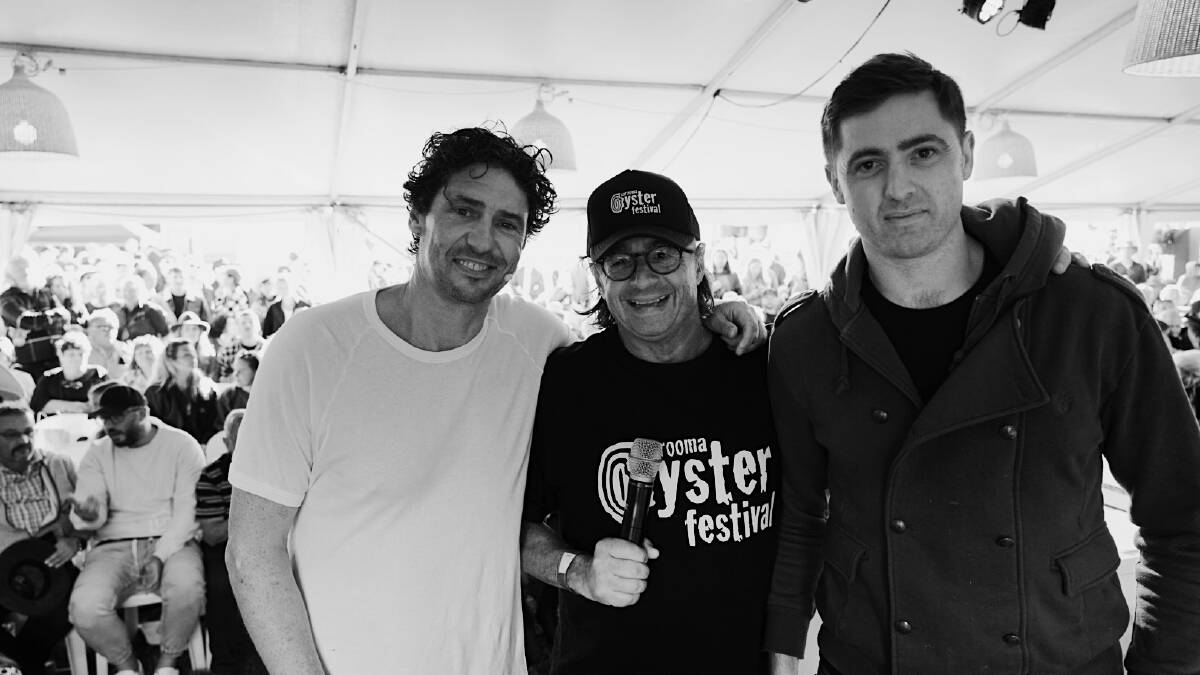 Celebrity chef Colin Fassnidge, John Susman (centre) and world oyster shucking champion Stephen Nolan from Galway in Ireland at Narooma Oyster Festival's Australian shucking competition in 2022. Photo by Rob Locke.