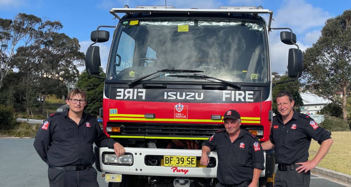 Michael Smith, Jason Hextall and Troy Gruene enjoy great mateship. They spent three months together during the Black Summer bushfires as members of Fire and Rescue NSW's Narooma station. Picture by Marion Williams