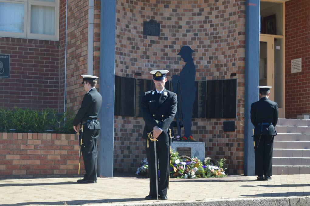 The catafalque party from HMAS Creswell stood at watch during the Anzac Day service in Moruya.