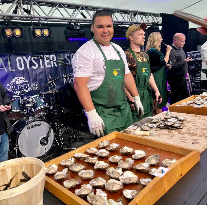 Gerard 'Doody' Dennis from Batemans Bay expertly shucked 30 European flat oysters in the World Oyster Opening Championships in Galway, Ireland. Picture via Narooma Oyster Festival/Facebook
