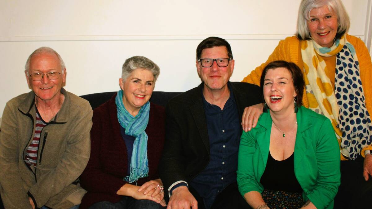 The cast of Lost and Found, from left: Robin Aylott, Stefanie Foster, Anthony Mayne, Nichola Creighton and Liz Fisher. Picture via Moruya Red Door Theatre/Facebook