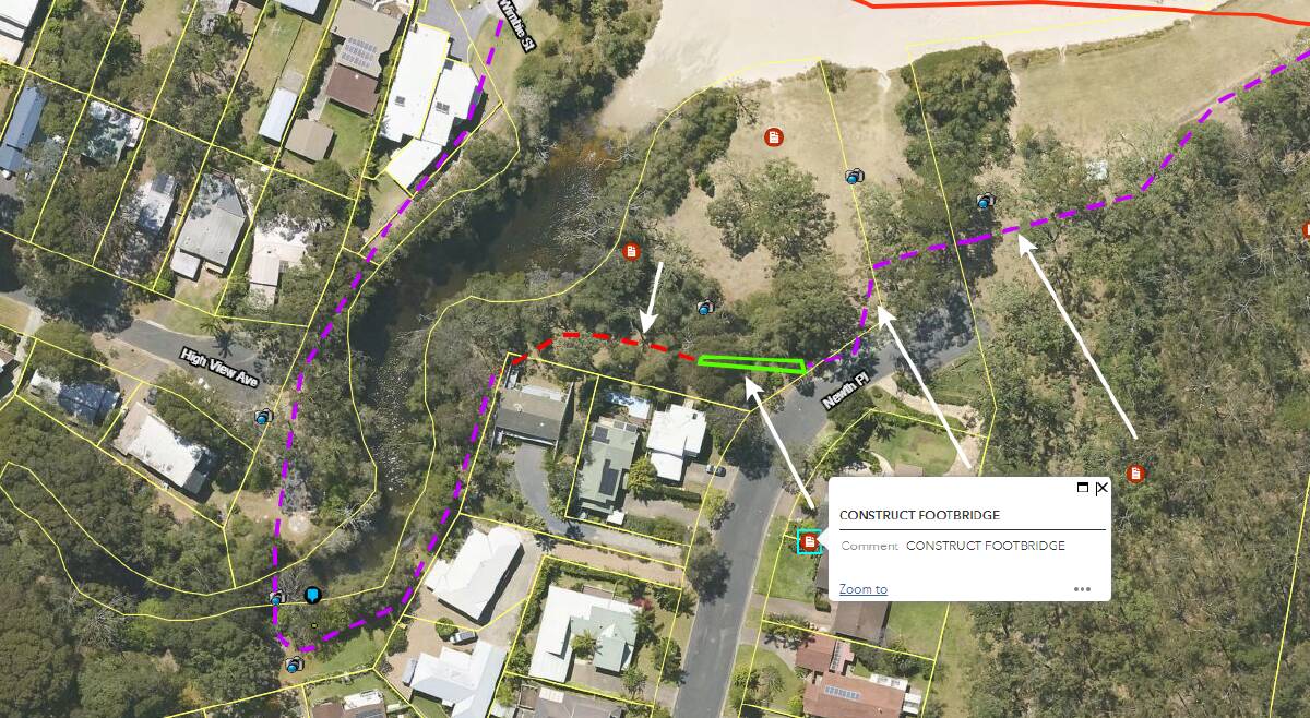 The location of the Newth Place footbridge (green) as part of the planned Coastal Headlands Walking Trail (purple). Picture supplied