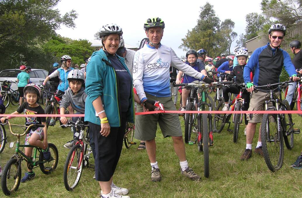 COGS IN THE WHEEL: Danielle Brice and Ross Hayward kick off the 2016 Eurobodalla Community Bike Ride, on the Broulee to North Head shared-pathway extension.