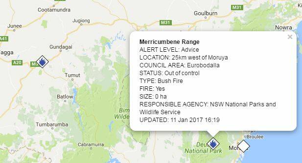 Map showing the Deua National Park, at Merricumbene, where crews are investigating a possible fire.