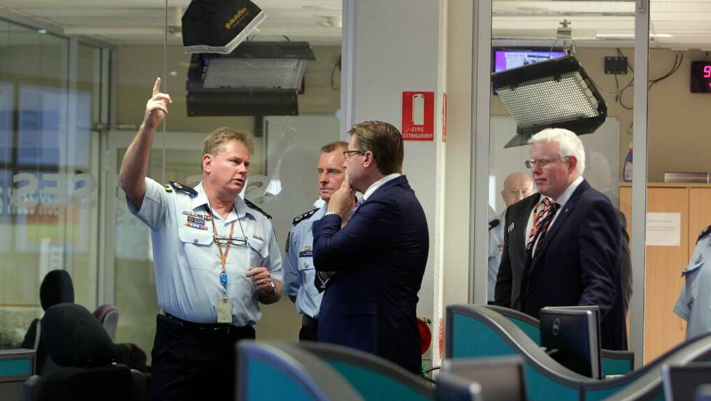 NSW Emergency Services Minister Troy Grant (left), new NSW SES Commissioner Mark Smethurst and parliamentary secretary for the Illawarra, Gareth Ward. Picture: Sylvia Liber