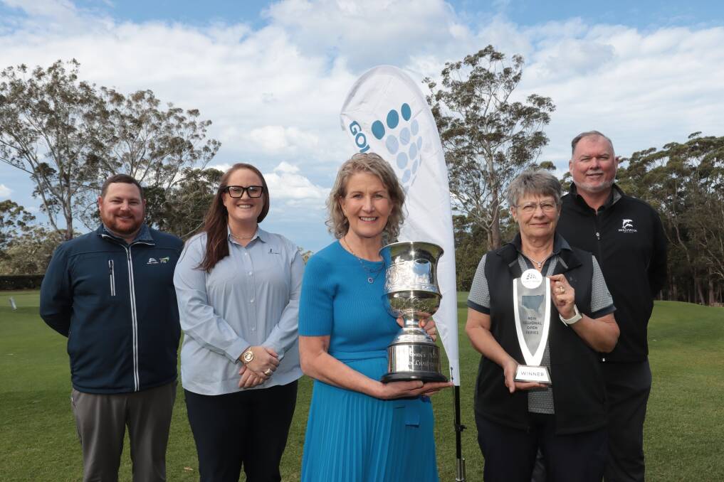 Member for the South Coast Liza Butler [middle] representing John Graham MLC Minister for Tourism and Sport at the announcement of the 2024 Women's NSW Open Regional Qualifier series. Picture supplied 